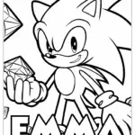 3-sonic-for-coloring Sonic For Coloring – A bold black and white illustration of Sonic holding a Chaos Emerald, surrounded by gem designs, featuring a Canva editable custom name section perfect for personalizing your coloring activity.