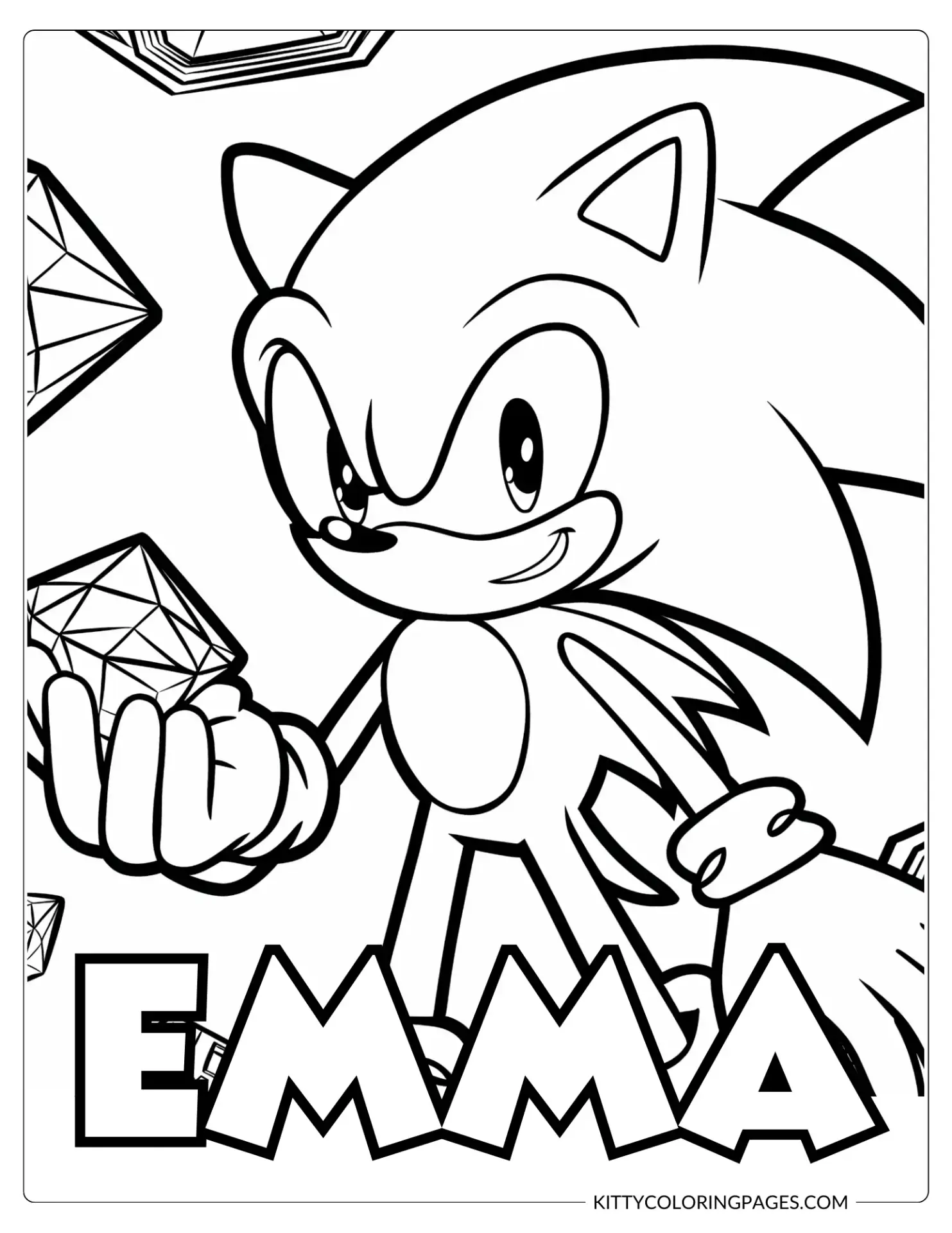 Sonic For Coloring – A bold black and white illustration of Sonic holding a Chaos Emerald, surrounded by gem designs, featuring a Canva editable custom name section perfect for personalizing your coloring activity.