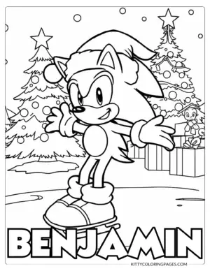 14-santa-sonic-coloring-pages Santa Sonic Coloring Pages – A festive black and white coloring sheet showing Sonic in a Santa hat ice skating in front of decorated Christmas trees and gifts, featuring a Canva editable custom name section for holiday fun.