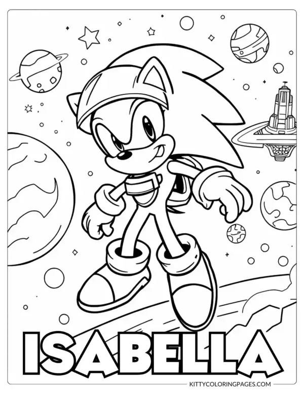 15-sonic-the-hedgehog-images-to-color Sonic The Hedgehog Images To Color – A creative black and white coloring page featuring Sonic in a space suit exploring an outer space scene with planets, stars, and a futuristic space station, featuring a Canva editable custom name section for a personalized galactic adventure.